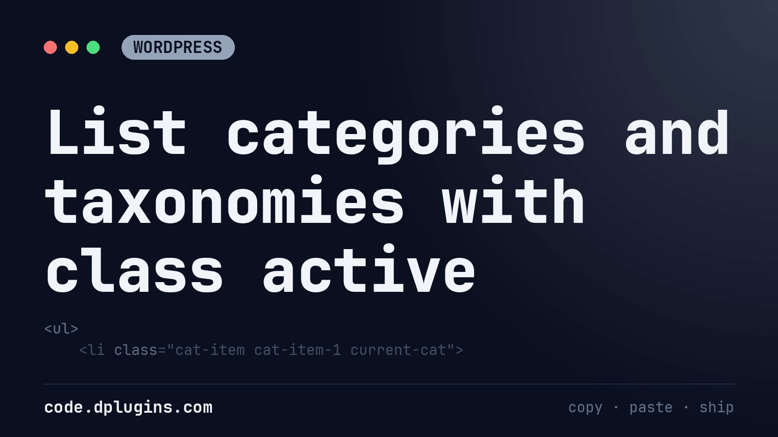 List categories and taxonomies with class active
